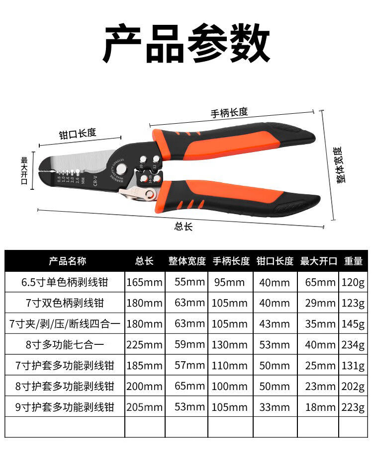 13，剝線鉗多功能電工專用工具剪線鉗子電纜拔線剪刀剝扒皮壓線撥線器 7.5寸 黑色彎柄剝線鉗