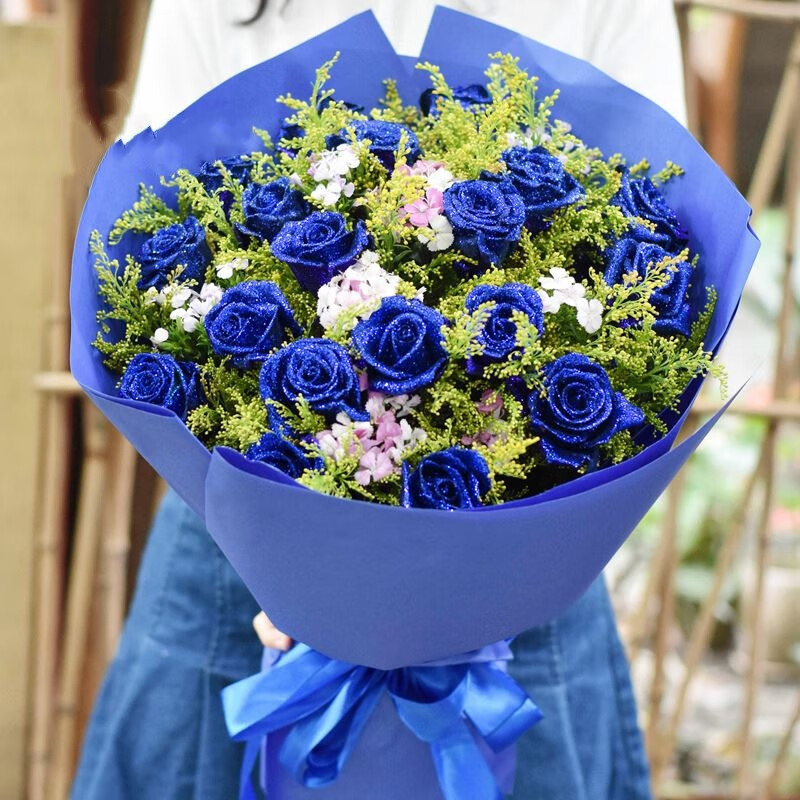 鲜花蓝色妖姬预定送女友老婆玫瑰花生日鲜花速递蓝玫瑰礼盒北花束京