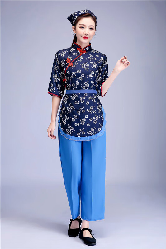 村姑采茶女服装阿庆嫂碎花采茶女村姑衣服民族舞蹈乡村风古装农村戏服