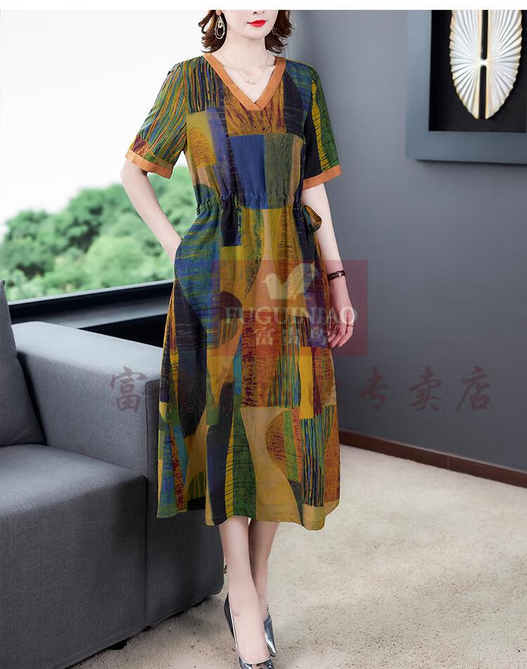 夏季新款天丝苎麻连衣裙女夏装高端品牌气质名媛宽松大码长裙中年女装