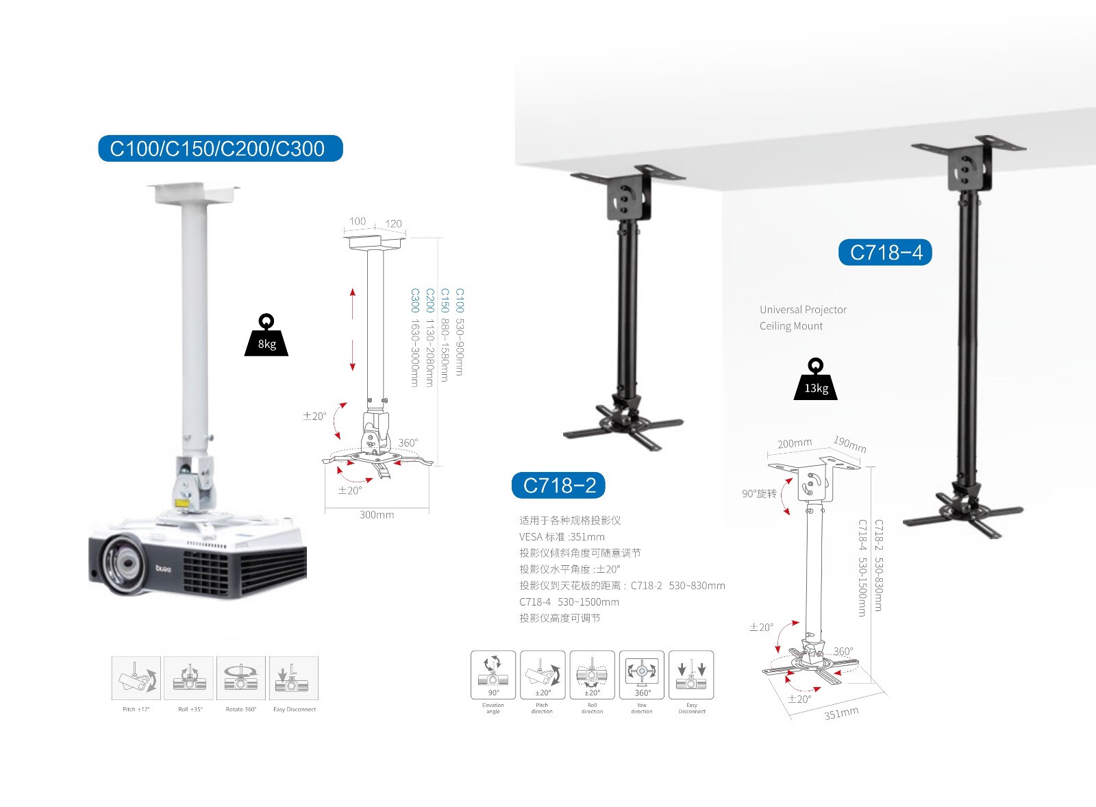 索普佳吊架 家用办公 吊装吸顶工程投影仪通用吊架 c200(1130mm-2080