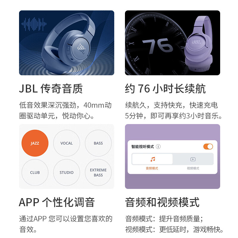 JBL TUNE 720BT 头戴式无线耳机 青黛紫
