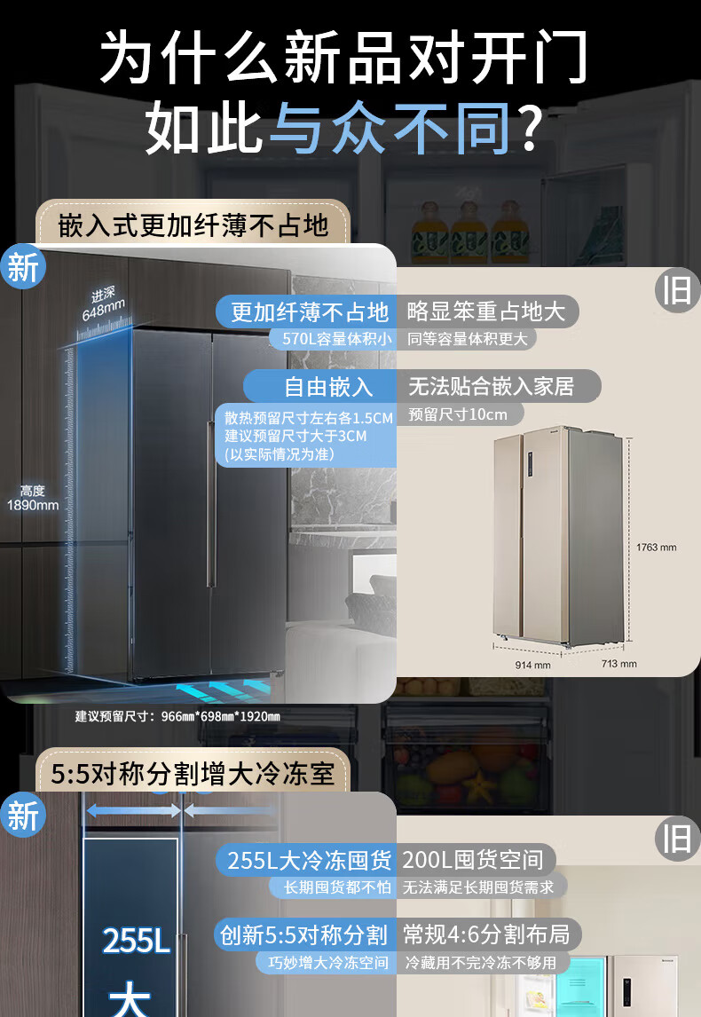 松下(Panasonic)570升 大容量冷冻 1级能效 透湿保鲜  超薄可嵌入 风冷无霜对开门冰箱 NR-TB57BXA-G