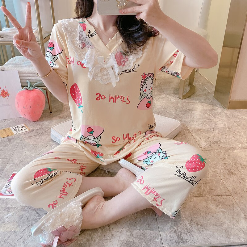 曼迪尚中学生睡衣女夏季青少年女孩短袖七分裤可外穿睡衣女夏季短袖两