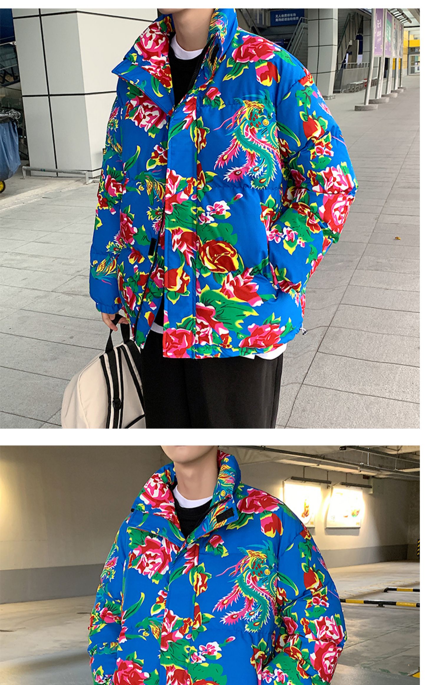 网红棉服男东北大棉袄加厚冬季花棉衣短款民族风抖音同款痞帅炸街 绿