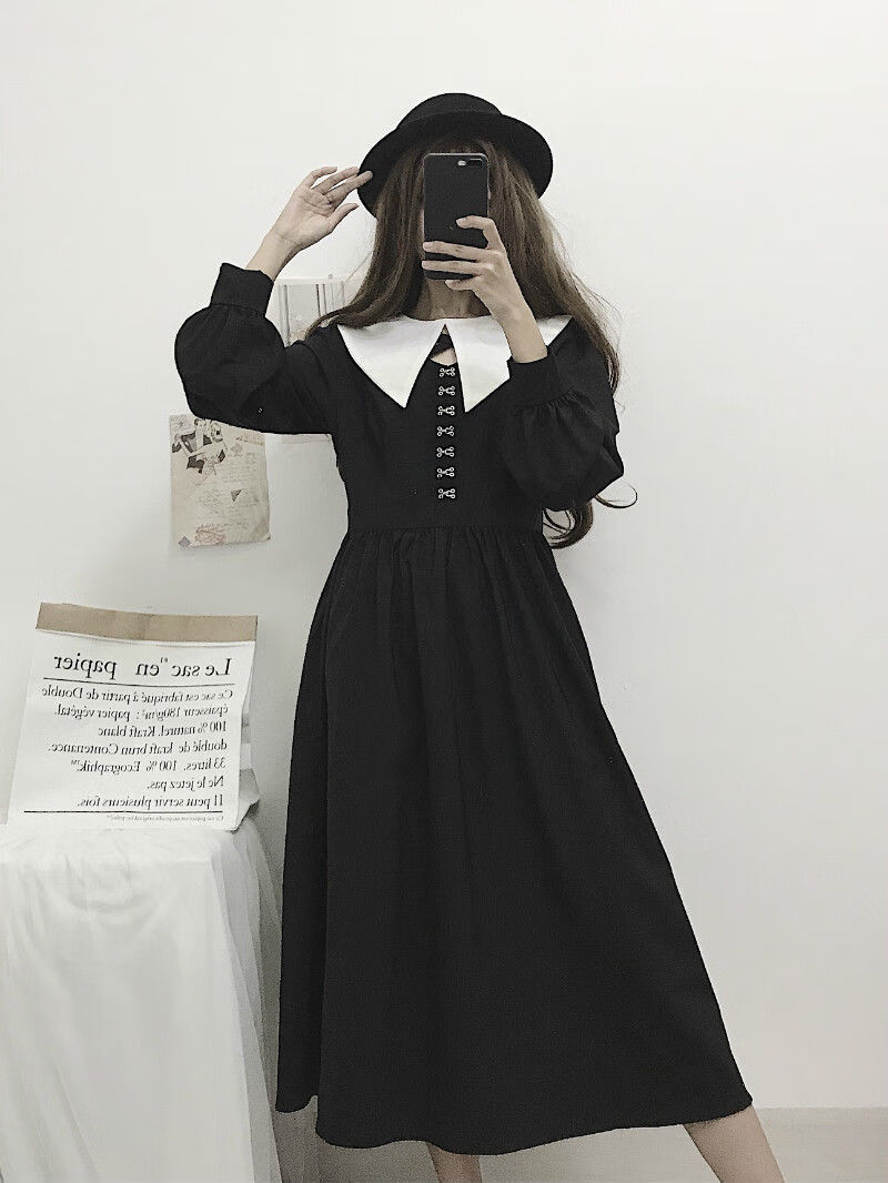 学院风春秋新款裙子女学生韩版高腰长袖连衣裙中长款字裙子 黑色【哦