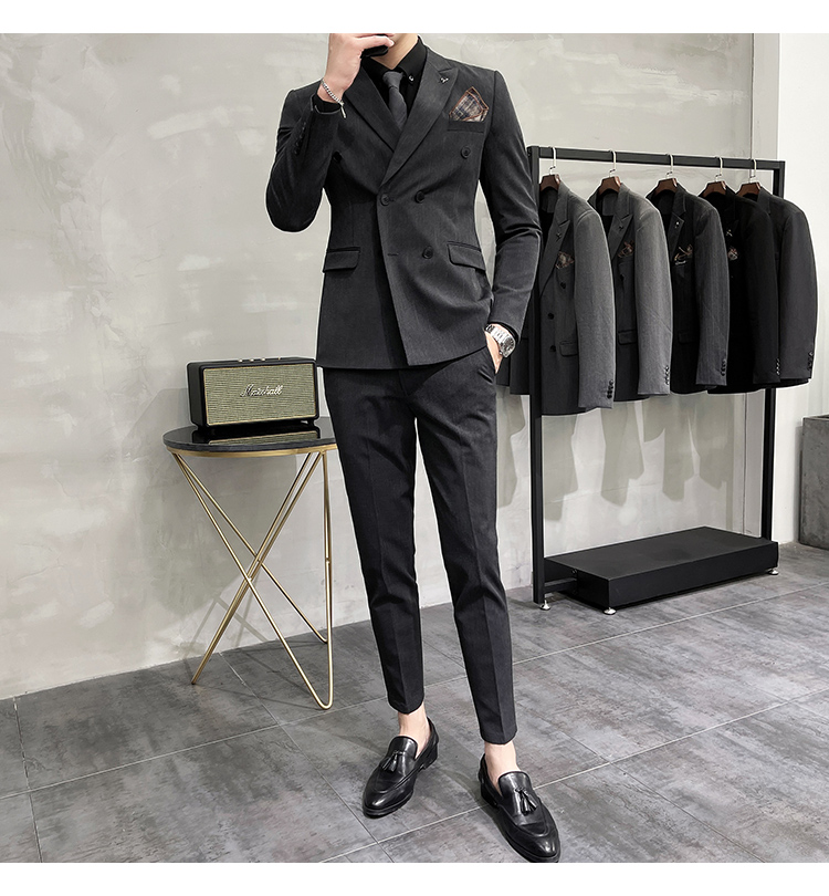 皮尔卡丹法式高档针暗条纹双排扣西服套装男商务休闲职业正装韩版结婚