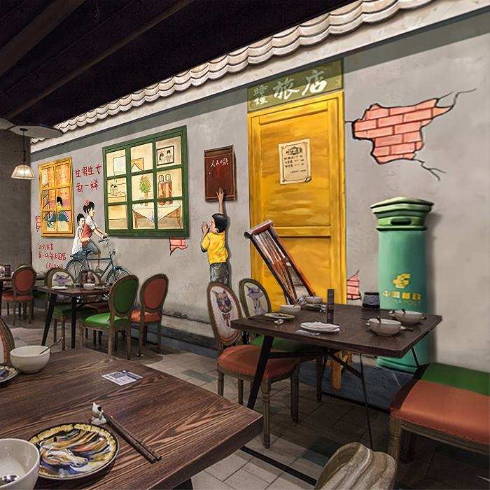 怀旧80年代青春背景墙纸复古小卖部饭店餐厅壁画麻辣烫烧烤店壁纸8d