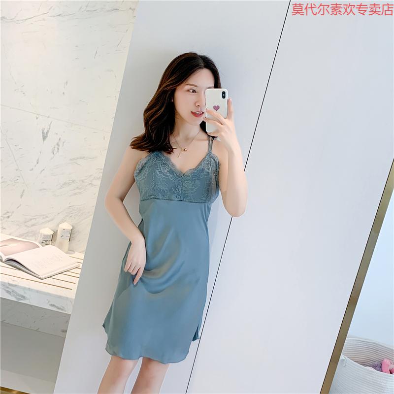 2021品牌新品真丝睡衣女春秋款性感吊带睡裙一字领抹胸两件套薄款冰丝