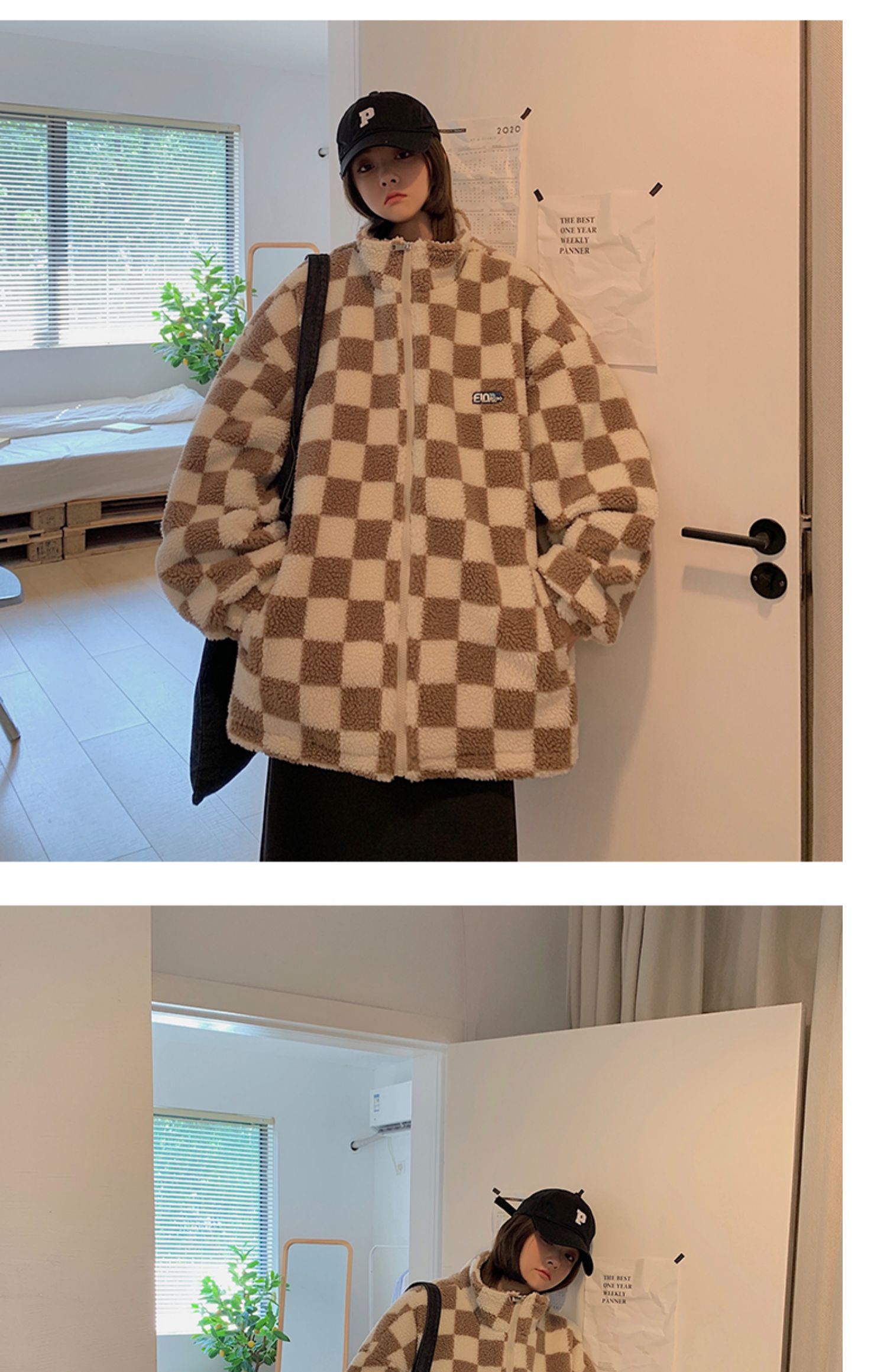 棋盘格外套男冬季羊羔绒保暖加厚棉服慵懒风潮牌宽松情侣棉衣棉袄商场