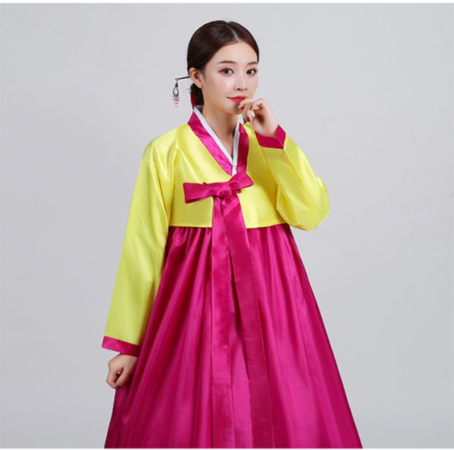 表兮韩国古装改良韩服女士传统朝鲜服族服装舞蹈演出服衣服黄色黄衣紫