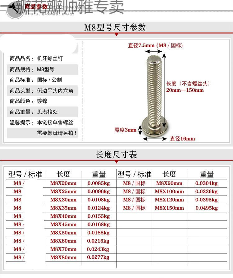 五金8mm机螺丝钉 倒边平头内六角机螺钉 实木床紧固连接件 【m8x45mm