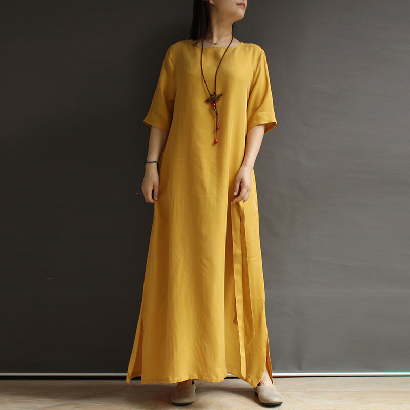 素琼【夏季茶禅服女装】新款文艺凉爽铜氨丝连衣裙短袖色遮肉圆领两侧