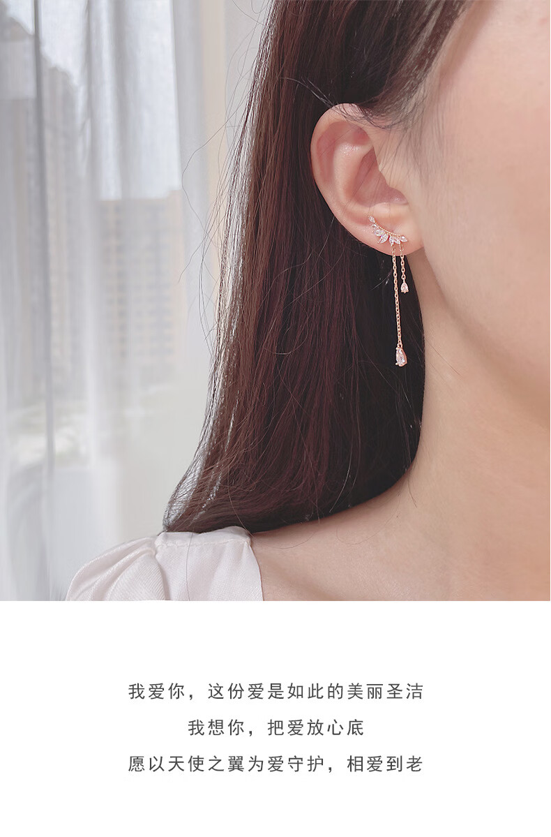 羽翼镶锆钻石耳坠生日纪念日礼物送女友送老婆羽翼耳环银白色925银