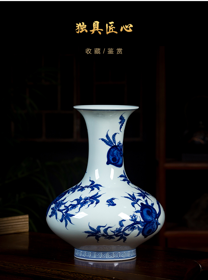 禾万瑞景德镇陶瓷器釉下彩手绘青花瓷瓶寿桃花瓶大口中式客厅装饰品