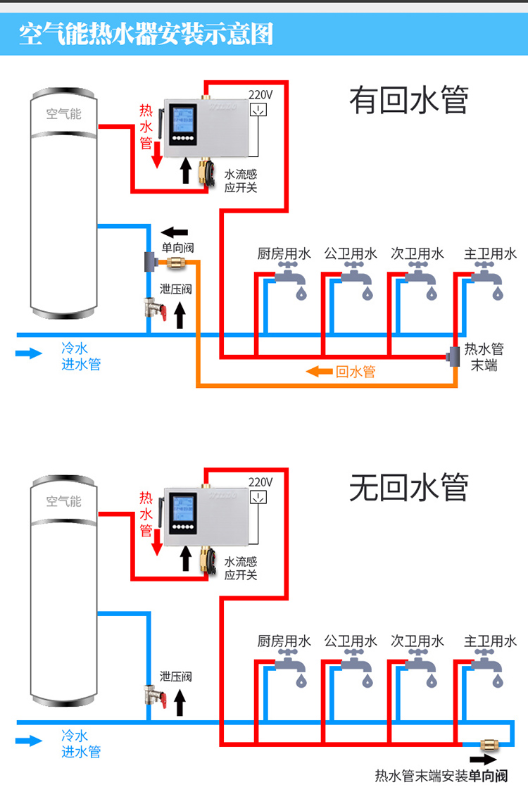 回水器热水循环回水泵空气能燃气家用智能循环泵地暖循环器t38s纯铜泵