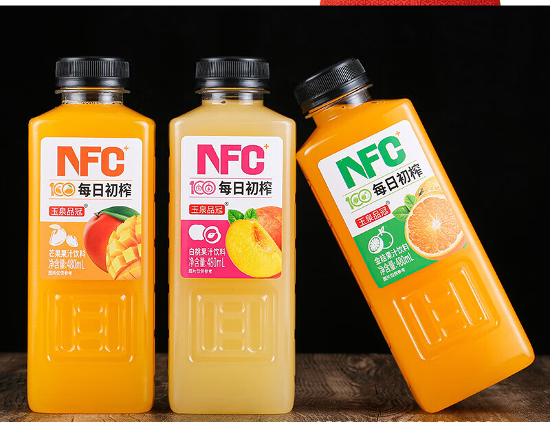 8，Derenruyu玉泉品冠鮮榨果味常溫果汁飲料整箱批發添加NFC芒果汁純正橙汁 9瓶分享裝 NFC白桃味