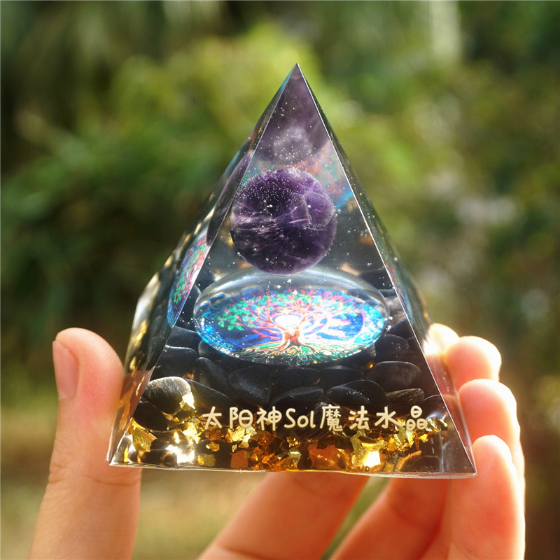 高频共振奥根金字塔生命树om符号魔法灵气能量紫水晶摆件orgonite 12