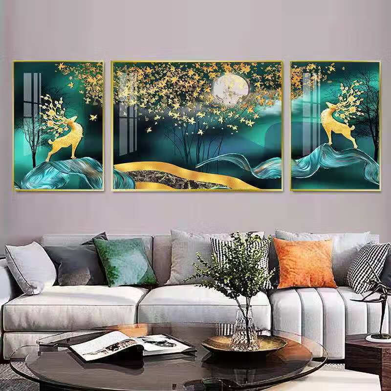 客厅装饰画北欧轻奢晶瓷画现代简约沙发背景墙挂画三联画卧室挂画a009
