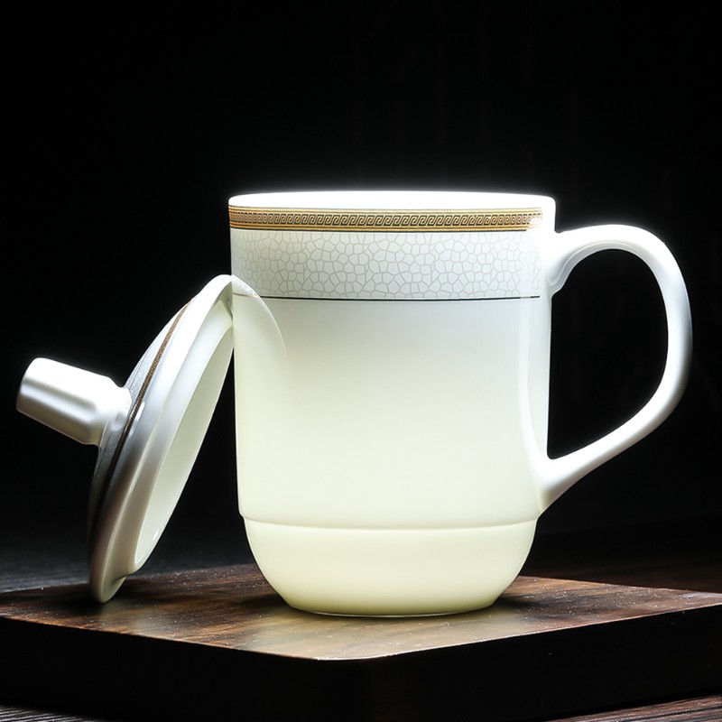 MULTIPOTENT 元青茶杯 陶瓷盖杯320ml 黄金线条杯2个装