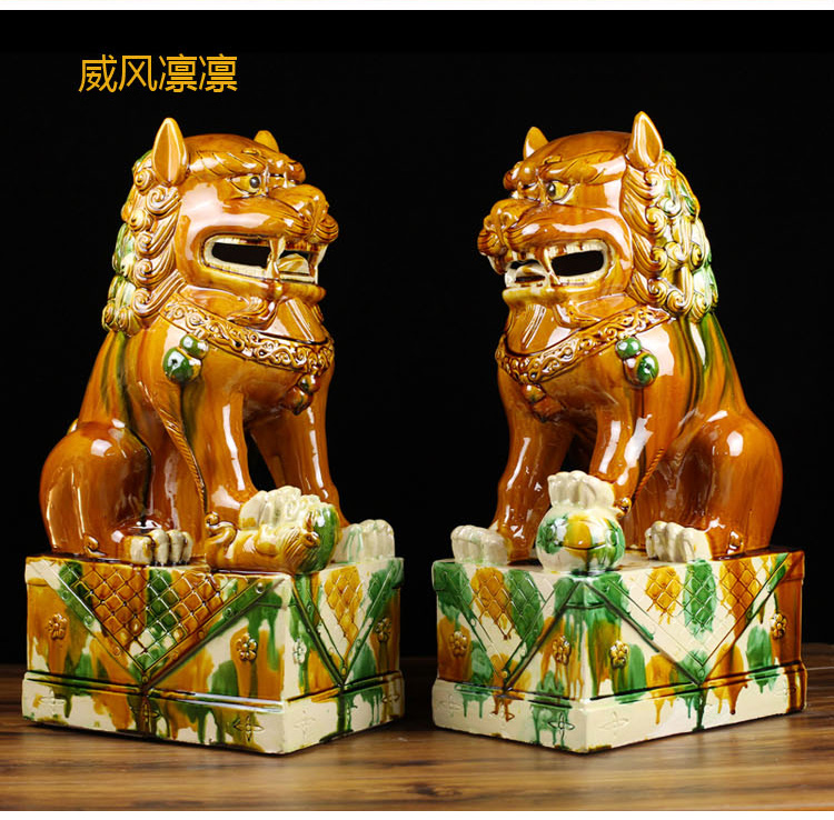 陶瓷狮子摆件一对唐三彩狮子风水工艺品门厅摆放墨绿色小号狮子一对