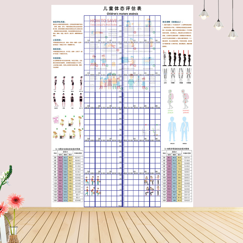 表站姿体测网格壁画背景墙纸中小幼儿形体评估图青少年体态表130200cm