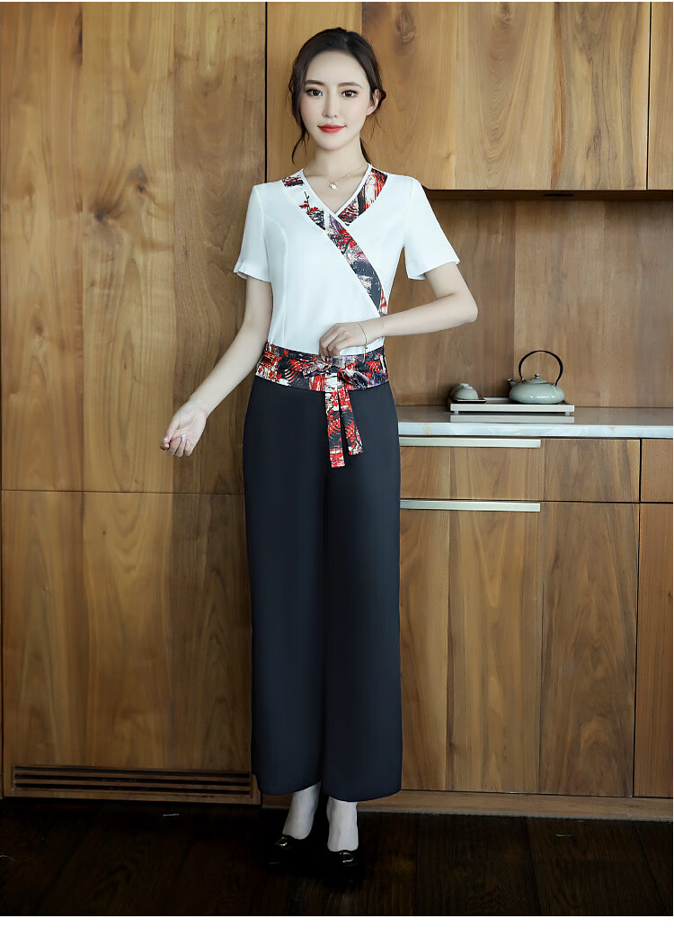 按摩师工作服足浴足疗店收腰气质技师服新款美容师女美容院复古套装