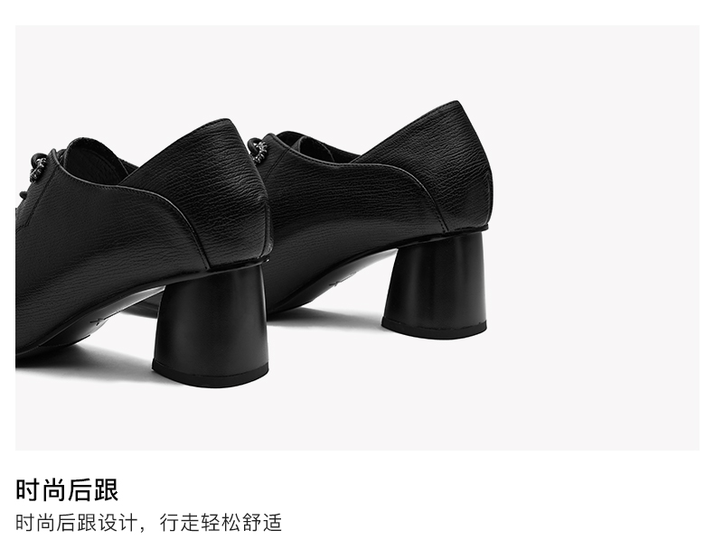 红蜻蜓高跟鞋女2021秋季新款真皮尖头深口系带单鞋黑色工作小皮鞋