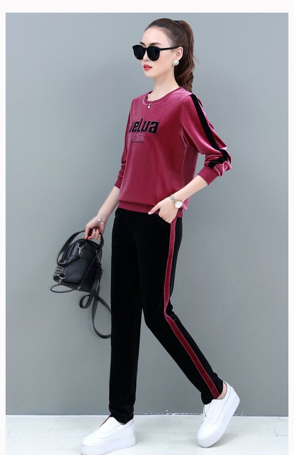 传奇保罗休闲运动服套装女2021秋装新款金丝绒套装女时尚洋气两件套