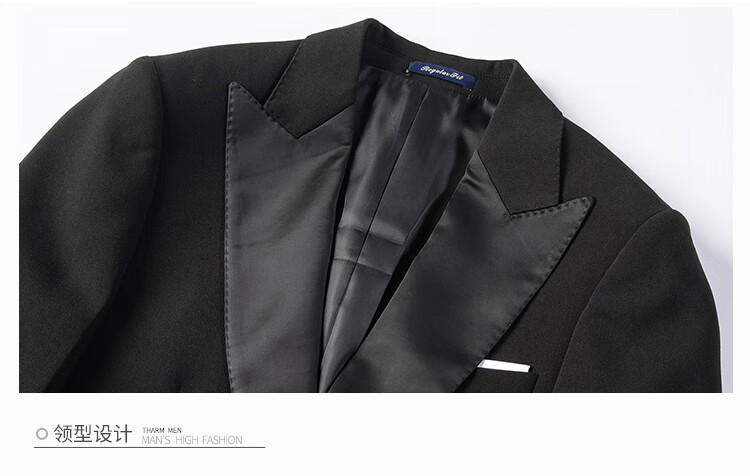 戗驳领英伦礼服修身西装外套男韩版潮流休闲西服两件套男士新品黑色