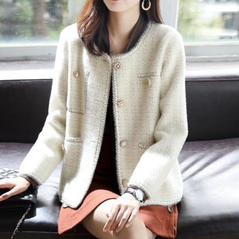 萨晟春秋新款仿水貂毛衣外套女洋气格子开衫宽松小香风上衣黑色高品质