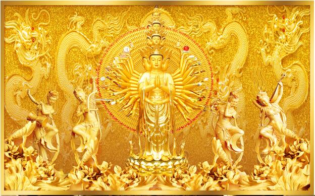 3d立体佛堂寺庙佛像壁纸壁画金色千手观音墙布酒店客厅背景墙纸整张