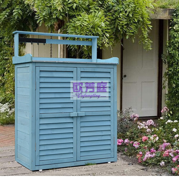 欧芳庭 田园风 户外收纳柜 多层园艺杂物箱大储物箱 多功能防雨实木花园工具柜 鞋柜工具箱 阳台柜 蓝色