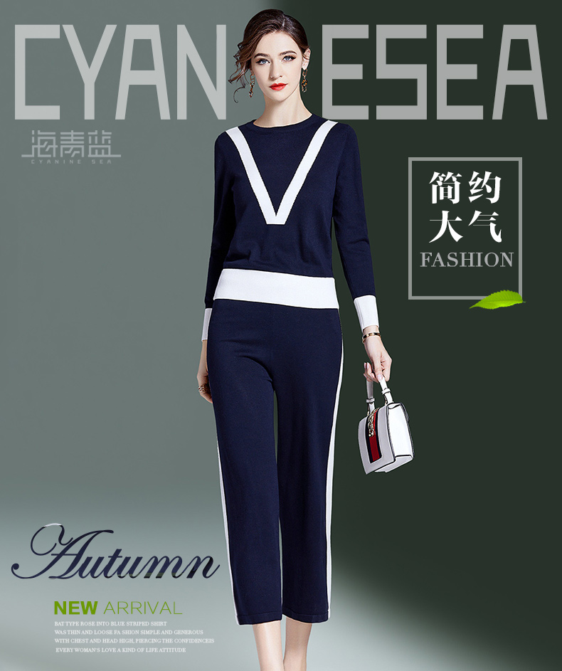 海青蓝女装2021秋季新款时尚套装针织弹力气质上衣阔腿裤休闲女蓝色l
