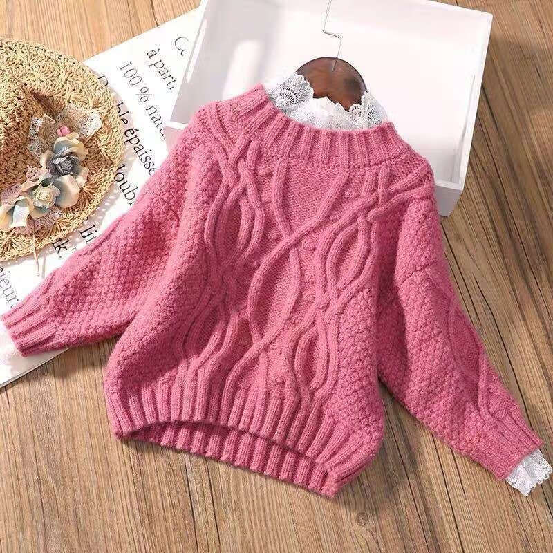 女童毛衣蕾丝领秋冬新款中大童韩版套头纯色洋气可爱针织儿童毛衣粉红
