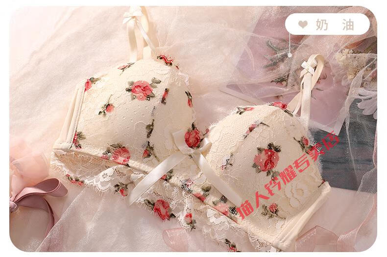 精选好货猫人性感蕾丝边内衣少女小胸聚拢上托显大收副乳无钢圈乳胶