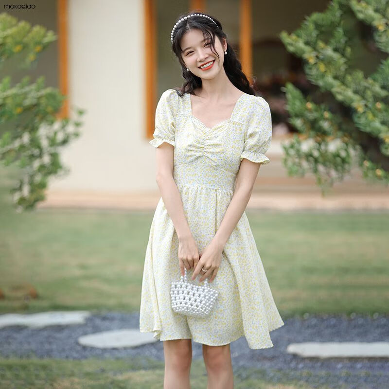茉卡俏夏天女生茶歇法式连衣裙夏少女裙子夏季2022韩版短袖衣服长款