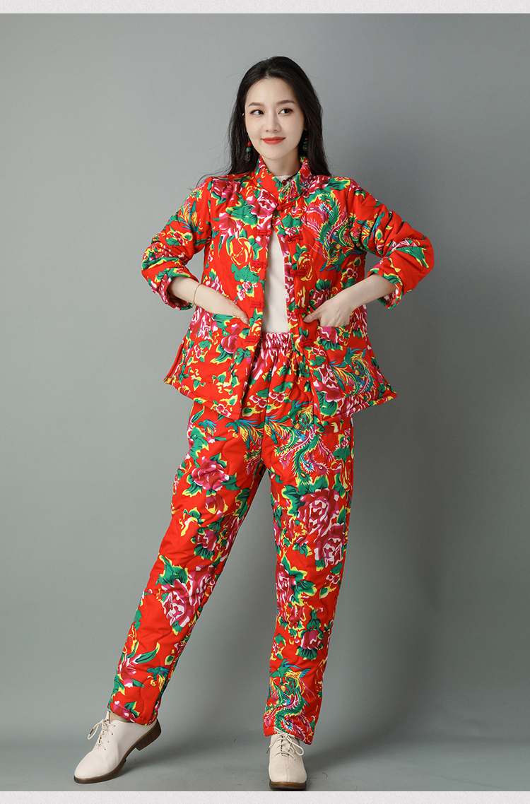 棉袄东北大花袄女大花布衣服棉衣棉裤套装冬加厚盘扣民族风冬季棉服