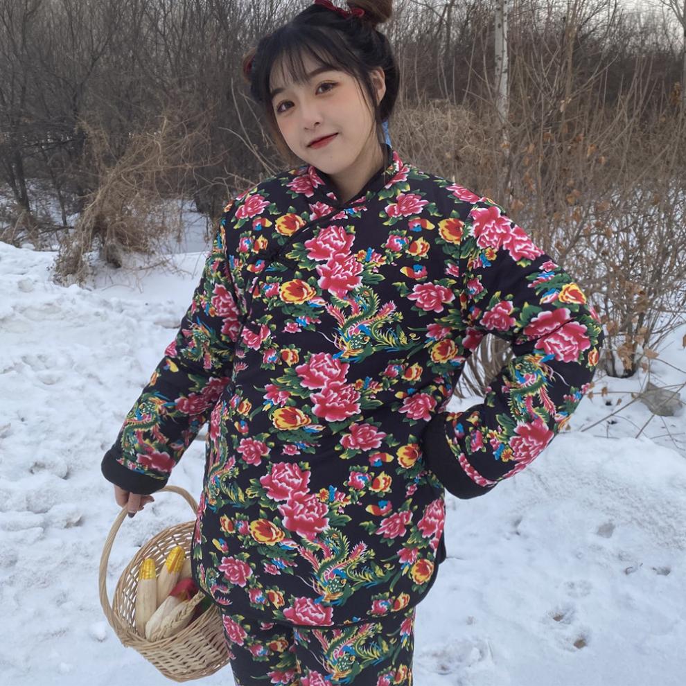 lkzk东北花棉袄东北大花布衣服棉袄棉裤大花袄套装加厚棉衣女冬大棉袄