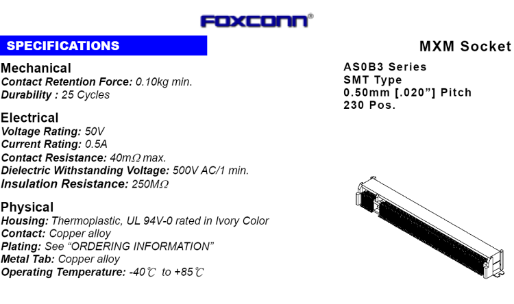 2，訂FOXCONN富士康 AS0B326-S78N-7F  MXM 230P H=7.8高 整磐430