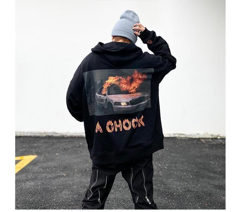 achock原创潮牌刺绣后背汽车火焰印花卫衣宽松情侣连帽上衣黑色薄款m