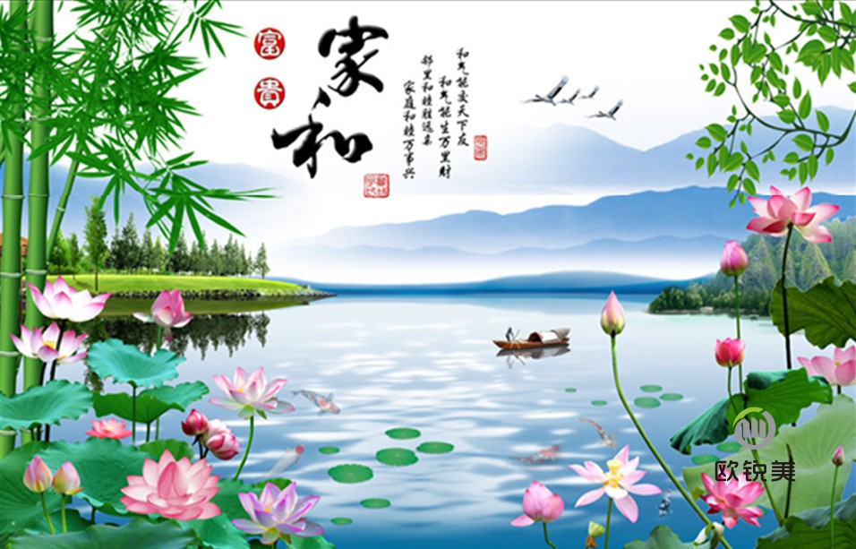 中式8d立体壁画竹子荷花山水风景画画墙纸客厅墙布5d电视背景墙壁纸