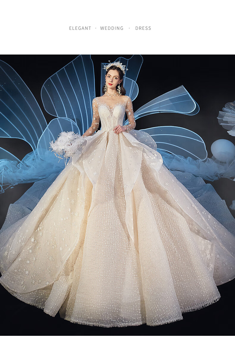长袖婚纱2020新款新娘豪华拖尾礼服冬季星空女小个子遮粗手臂 拖尾款