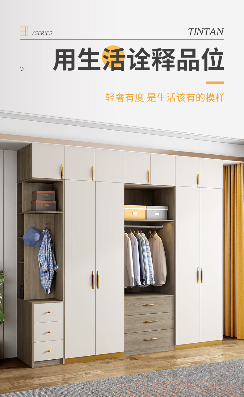 天坛家具 衣柜  新轻奢现代简约卧室衣柜经济型家用简易整体衣橱玻璃衣柜大收纳储物柜带灯 双门衣柜A