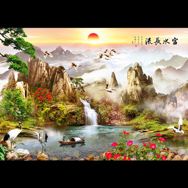 山水画新中式山水画墙贴装饰画自粘墙纸书房客厅电视背景壁画挂画一整