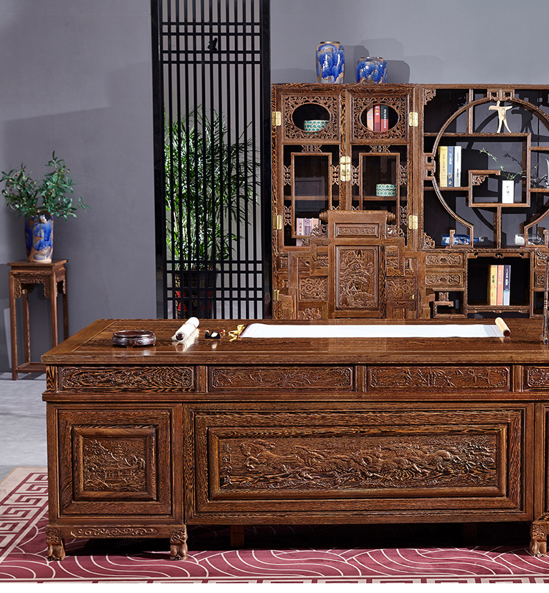 景典 红木家具 非洲鸡翅木（学名：非洲崖豆木）办公桌中式大班台老板桌实木书柜办公桌组合电脑桌 1.6米办公桌配大官帽椅（158*82*78）