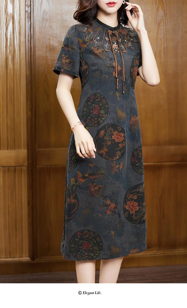 欧迪鸟品牌女装龟纹香云纱真丝旗袍改良版连衣裙女2020春夏装新款印花