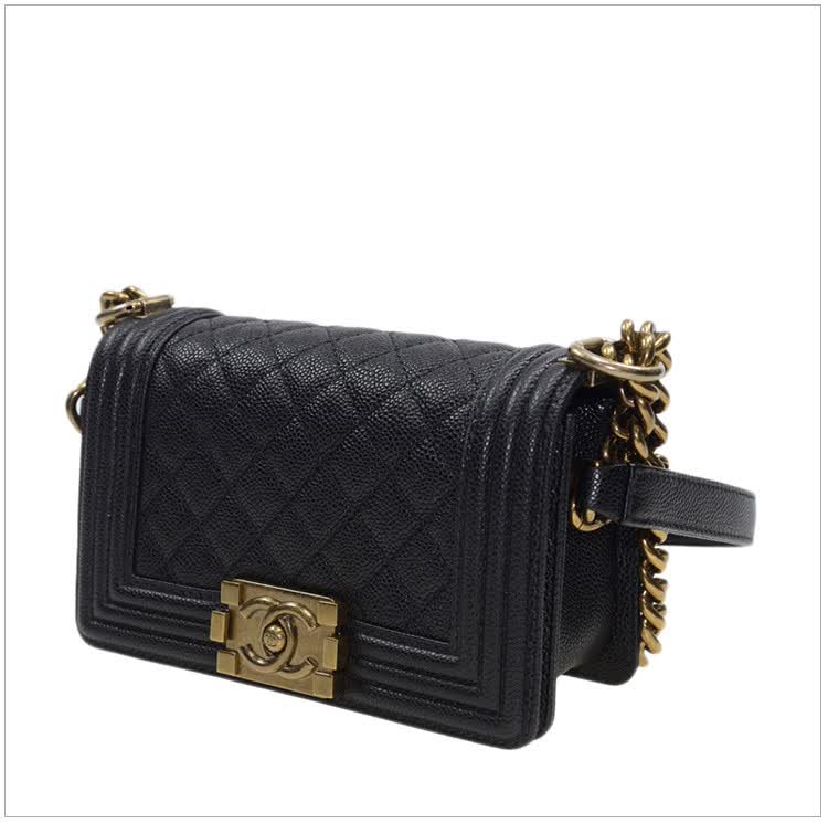 chanel/香奈儿 女士黑色牛皮菱格纹logo单肩斜挎包 黑色
