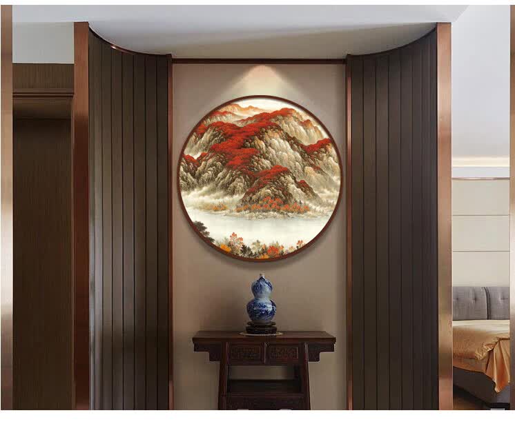 禅意圆形装饰画新中式圆形装饰画山水水墨挂画禅意靠山客厅餐厅玄关