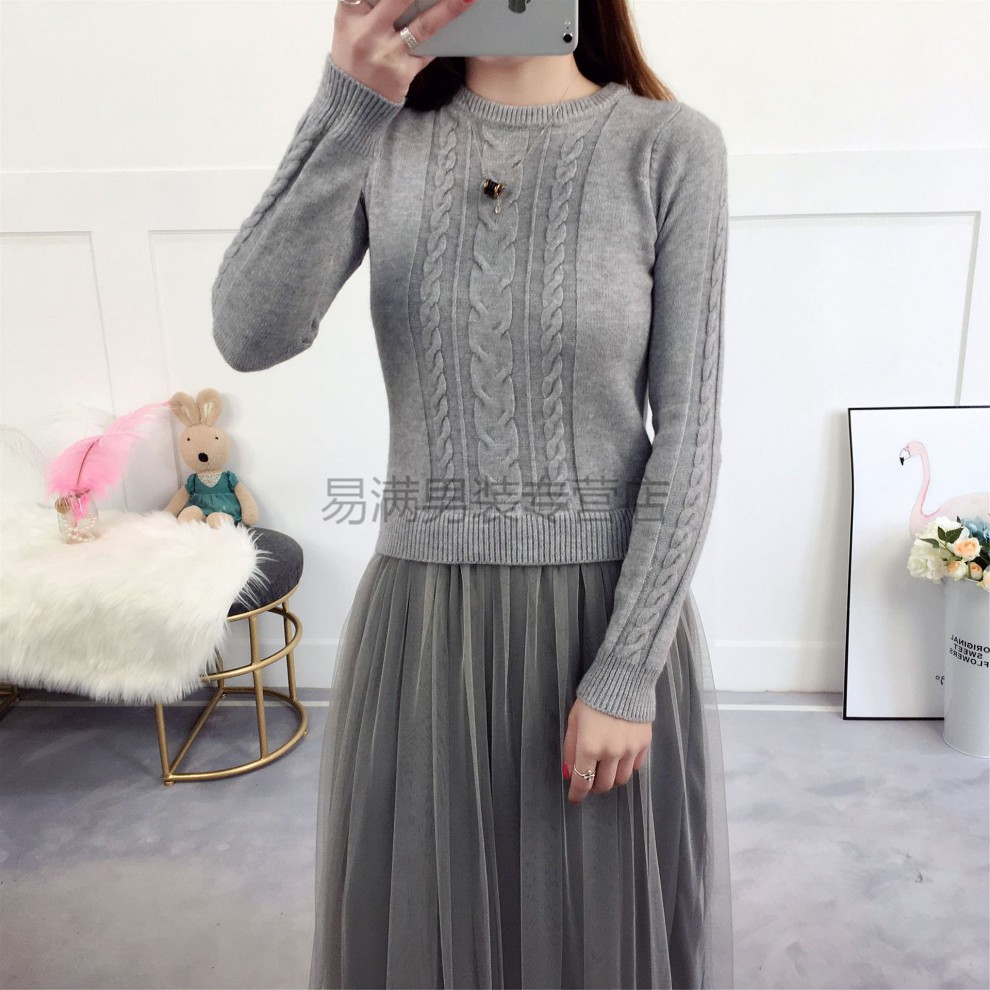 毛衣女秋冬外穿2019新款 新品假两件针织连衣裙韩版时尚蕾丝拼接网纱